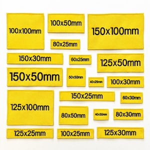 Peut inclure: Divers rectangles jaunes avec des dimensions en mm inscrites en noir. Les tailles varient de 40x25mm à 150x100mm. Les étiquettes sont disposées sur un fond blanc.