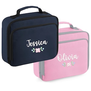 Embroidered Girls Personalised Pink Floral Name Lunch Cool Bag Box Custom Text School Nursery