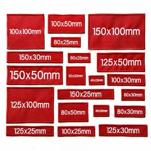 May include: A selection of red rectangular patches, each displaying dimensions in millimetres in white text. Sizes vary from 40x25mm to 150x100mm. The patches are laid out against a white backdrop.