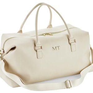 Personalised Initials Vegan Faux Leather Weekend Holdall Bag With Detachable Strap - Custom Monogram Gifts For Her Cream
