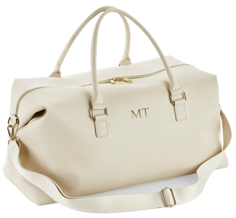 Personalised Initials Vegan Faux Leather Weekend Holdall Bag With Detachable Strap - Custom Monogram Gifts For Her Cream