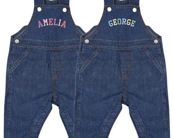Embroidered Personalised Name Baby Toddler Denim Dungarees Rainbow Varsity Text