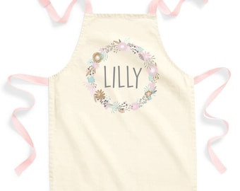 Girls Personalised Name Pink Wreath Fairtrade Cotton Craft Apron