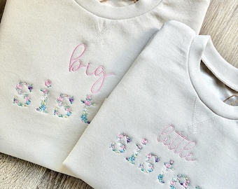 Embroidered Floral Big & Little Sister Girls Sustainable Sweatshirts Baby and Toddler Pink Matching New Siblings