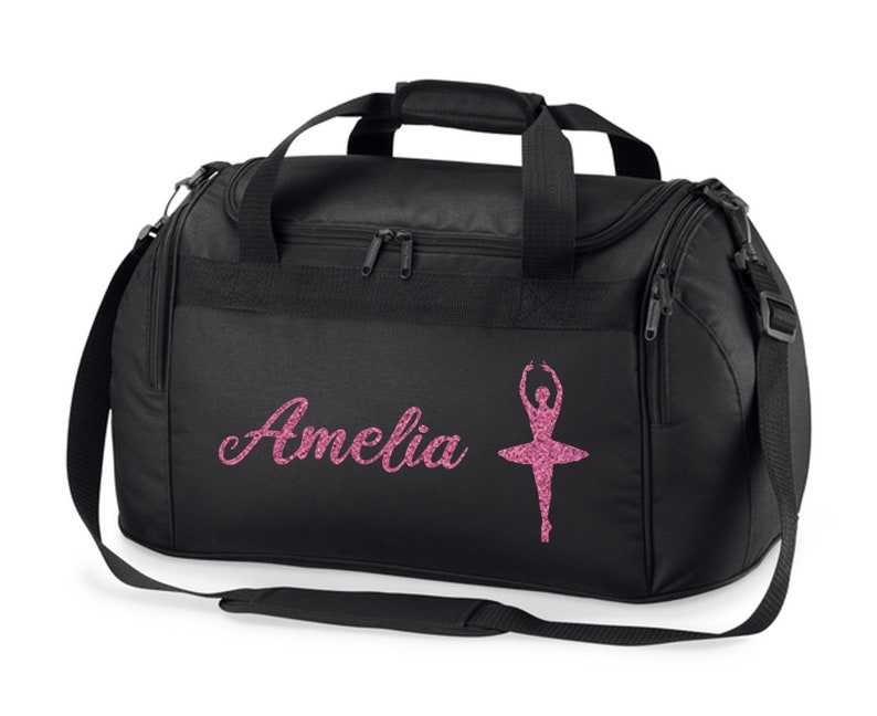 Personalised Name Ballet Dancer Holdall Bag Black/Pink Glitter