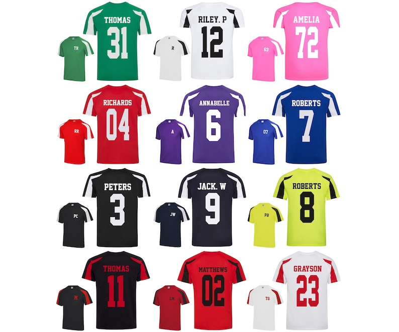May include: Assortment of athletic jerseys in various colors, including green, red, black, and white. Each jersey features a name and number on the back, with contrasting shoulder and sleeve accents. Ideal for sports teams or personalized apparel.
