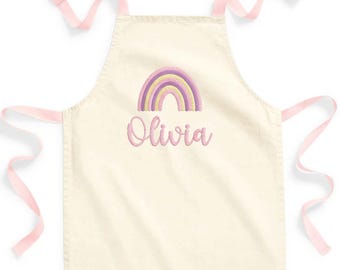 Embroidered Girls Personalised Name Pink Rainbow Craft Apron Fairtrade Cotton Kitchen Baking Gift