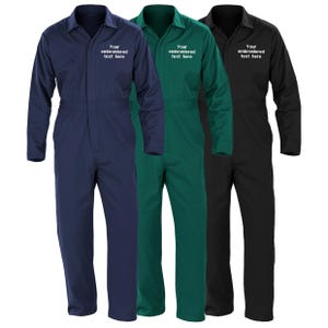 May include: Three work coveralls in navy blue, green, and black. Each coverall has a collared neckline, long sleeves, and a front zip. The text "Your embroidered text here" is embroidered on the left chest of each coverall.
