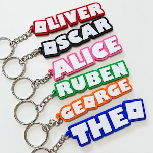 May include: A set of six silicone keychains with metal rings, each featuring a name in white block letters on a coloured background. The names are OLIVER in red, OSCAR in black, ALICE in pink, RUBEN in green, GEORGE in orange, and THEO in blue.
