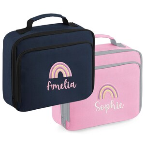 Embroidered Girls Personalised Pink Rainbow Name Lunch Cool Bag Box Custom Text School Nursery