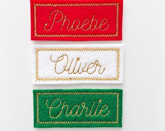 Personalised Embroidered Name Patch Kids Christmas Stocking Tags Sew & Iron On