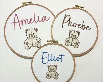 Personalised Embroidery Hoop – Custom Name Teddy Bear Embroidered Vintage Art Nursery Decor Baby Shower Birth Announcement Gift
