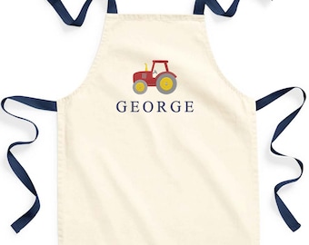 Embroidered Boys Personalised Name Tractor Craft Apron Fairtrade Cotton Kitchen Baking Gift