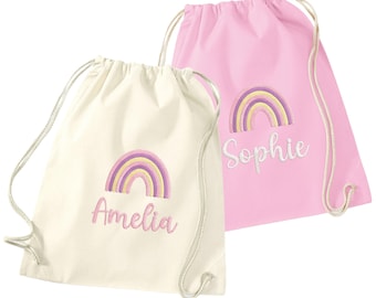 Embroidered Girls Personalised Pink Rainbow Name Cotton Gymsac Custom Text School PE Bag Nursery Bag