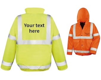 Adults Personalised Text Hi-Vis Bomber Jacket Reflective Safety Coat