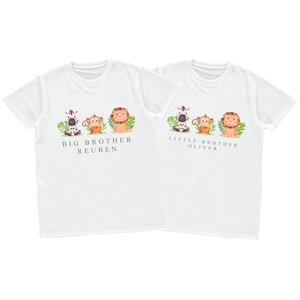 Boys Personalised Name Big & Little Brother T-Shirts Custom Jungle Animals New Baby Gift