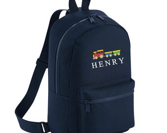 Embroidered Kids Train Personalised Name Mini Backpack Boys Custom School Rucksack Nursery Bag