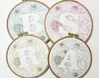 Personalised Embroidery Hoop – Custom Floral Initial Embroidered Vintage Art Nursery Decor Baby Shower Birth Announcement Gift