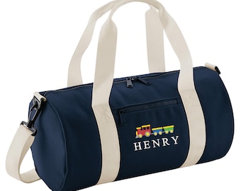 Embroidered Kids Train Personalised Name Mini Barrel Bag Boys Custom School Nursery Holdall Bag
