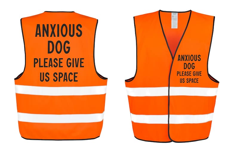 May include: Two orange safety vests with black trim and white reflective stripes. The vests have the text "ANXIOUS DOG PLEASE GIVE US SPACE" printed in black. One vest is shown from the front and the other from the back.