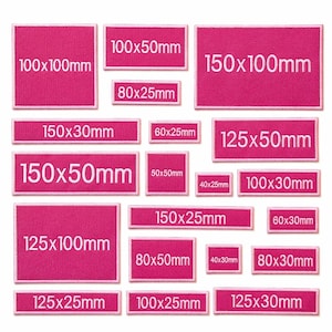 May include: A selection of pink rectangular fabric patches with white stitched borders. Each patch shows dimensions in millimetres, such as 100x100mm, 150x100mm, and 125x50mm. The patches vary in size and shape.