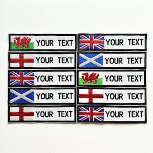 Personalised Embroidered Flag Patch Sew/Iron/VELCRO® Custom Text Badge White