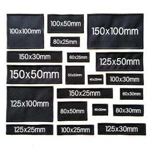 May include: Various black rectangular patches with white text showing dimensions in millimetres. Sizes vary from 40x25mm to 150x100mm. The patches are displayed on a white background.