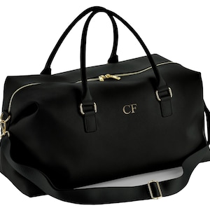 Personalised Initials Vegan Faux Leather Weekend Holdall Bag With Detachable Strap - Custom Monogram Gifts For Her Black