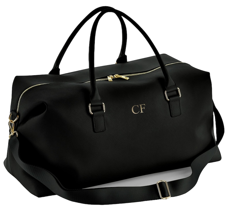 Personalised Initials Vegan Faux Leather Weekend Holdall Bag With Detachable Strap - Custom Monogram Gifts For Her Black