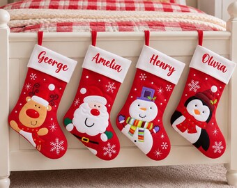 Personalised Plush Christmas Stocking - Childrens Name Santa Snowman Reindeer