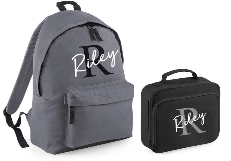 Personalised Letter Name Backpack & Lunch Bag Set Grey/Black Etsy
