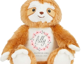 Girls Personalised Flower Girl Brown Sloth Plush Cuddly Toy - Floral Name Date Wedding Keepsake Gift