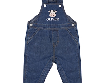 Embroidered Cow Personalised Name Baby & Toddler Cotton Denim Dungarees Custom Farmyard Barn Animals