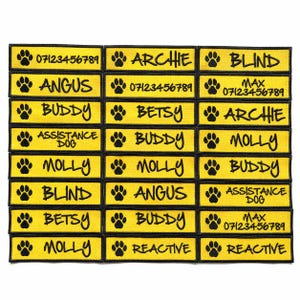 May include: A collection of yellow and black embroidered patches. Each patch features a paw print and text, including names like "Archie," "Buddy," and "Molly," along with phone numbers and phrases such as "Blind" and "Assistance Dog."