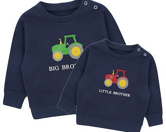 Embroidered Tractor Big & Little Brother Boys Sustainable Sweatshirts Navy Toddler Kids New Matching Siblings