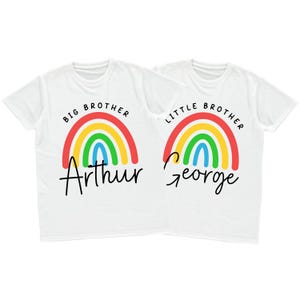 Boys Personalised Name Big & Little Brother T-Shirts Custom Rainbow New Baby Gift