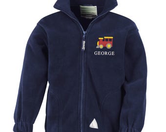 Embroidered Train Personalised Name Boys Fleece Jacket Navy Kids Custom Text Coat