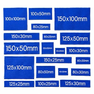May include: A collection of blue rectangular patches with white text indicating dimensions in millimeters. Sizes range from 40x25mm to 150x100mm. The patches are arranged on a white background.