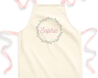Embroidered Girls Personalised Name Pink Floral Wreath Craft Apron Fairtrade Cotton Kitchen Baking Gift