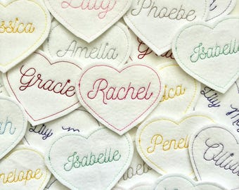 Personalised Embroidered Name Heart Patch Iron On & Sew On Custom Text Badge