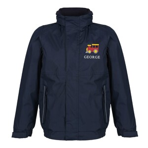 May include: A navy blue waterproof jacket with a high collar and zip. It has a colourful train graphic and the name "GEORGE" embroidered on the chest. Includes two front pockets and reflective strips.