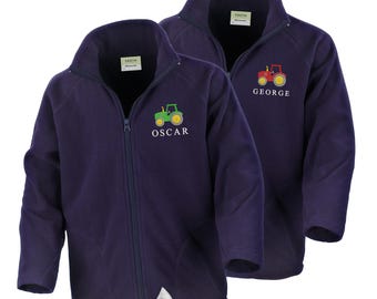 Embroidered Tractor Personalised Name Boys Fleece Jacket Navy Kids Custom Text Farm Coat