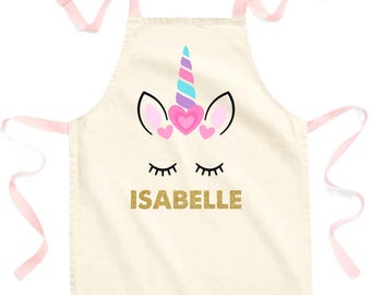 Girls Personalised Name Pink Unicorn Craft Apron Fairtrade Cotton Kitchen Baking Gift
