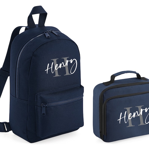 Personalised Letter Name Name Mini Backpack & Lunch Bag Set (Navy)