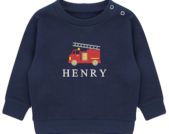 Embroidered Fire Engine Truck Personalised Name Boys Sustainable Sweatshirt Baby & Toddler Custom Jumper Gift