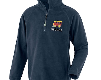 Embroidered Train Personalised Name Boys Recycled Fleece Top Navy Kids Custom Text Coat