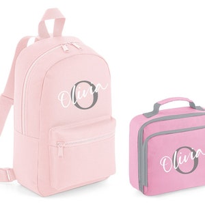Personalised Letter Name Name Mini Backpack & Lunch Bag Set (Pink) School Rucksack Nursery Bag