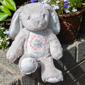 Girls Personalised Big Sister Brown Bunny Rabbit Plush Cuddly Toy - Pink Floral Wreath Name New Sibling Keepsake Gift