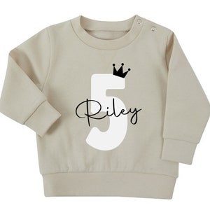 Personalised Name Age Baby & Toddler Sustainable Sweatshirt Birthday Year Outfit Light Stone