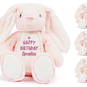 Personalised Name Happy Birthday Pink Bunny Rabbit Plush Cuddly Toy